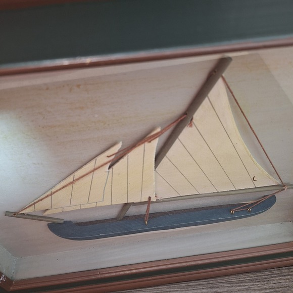Nautical 3D Sailboat Shadow Box Wall Art Brown Wood Frame Blue White Ship 16x13 - Picture 3 of 8